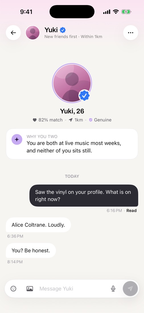 A chat with Yuki, 26, verified, with why you two match: live music most weeks
