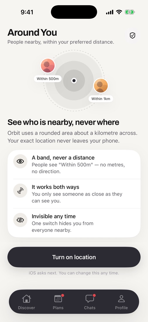Around You: people within 500 metres and 1 kilometre, shown on soft rings