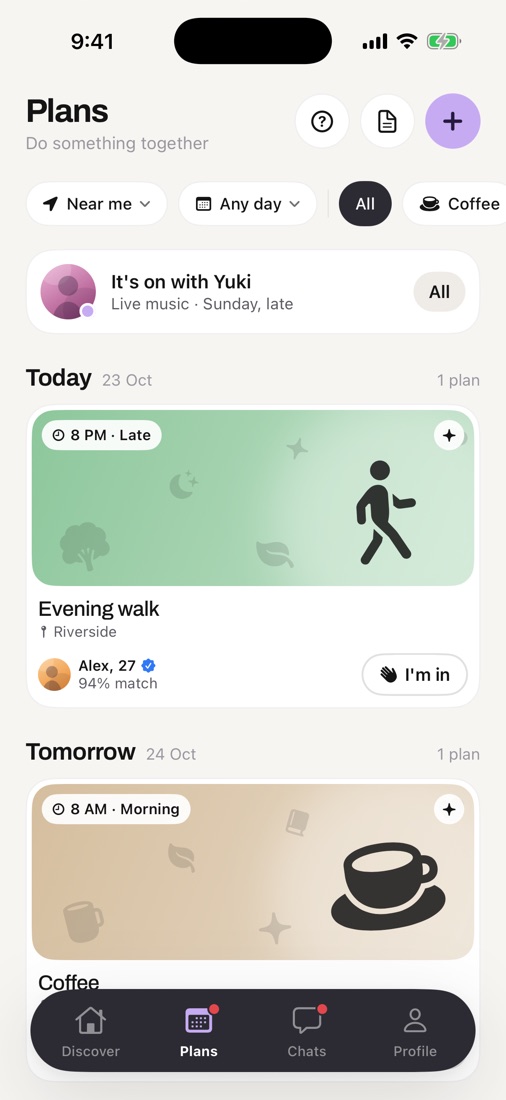 Plans: an evening walk at 8 PM by the riverside, and coffee tomorrow morning